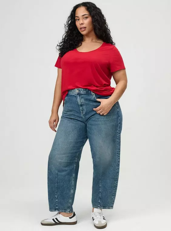High-Rise Drapey Barrel Jeans in Mediumblue-Denim | Torrid (US & Canada)