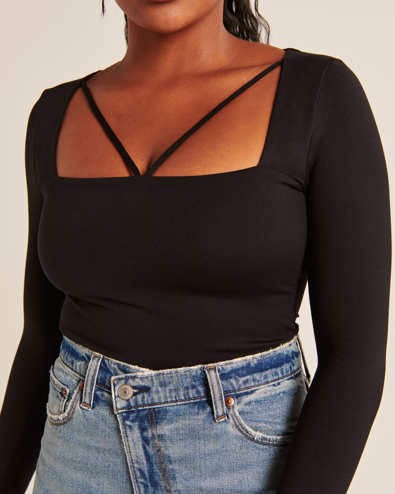 Women's Long-Sleeve Strappy Squareneck Bodysuit | Women's Tops | Abercrombie.com | Abercrombie & Fitch (US)