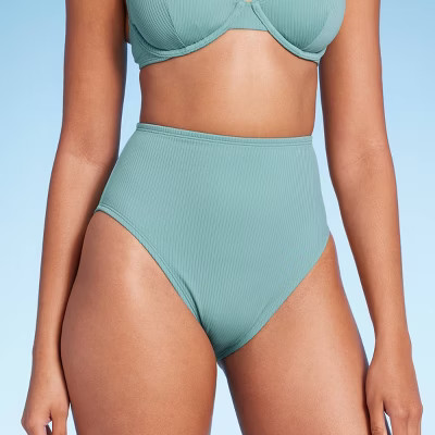 Women's High Waist High Leg Ribbed Medium Coverage Bikini Bottom - Shade & Shore™ Green M | Target