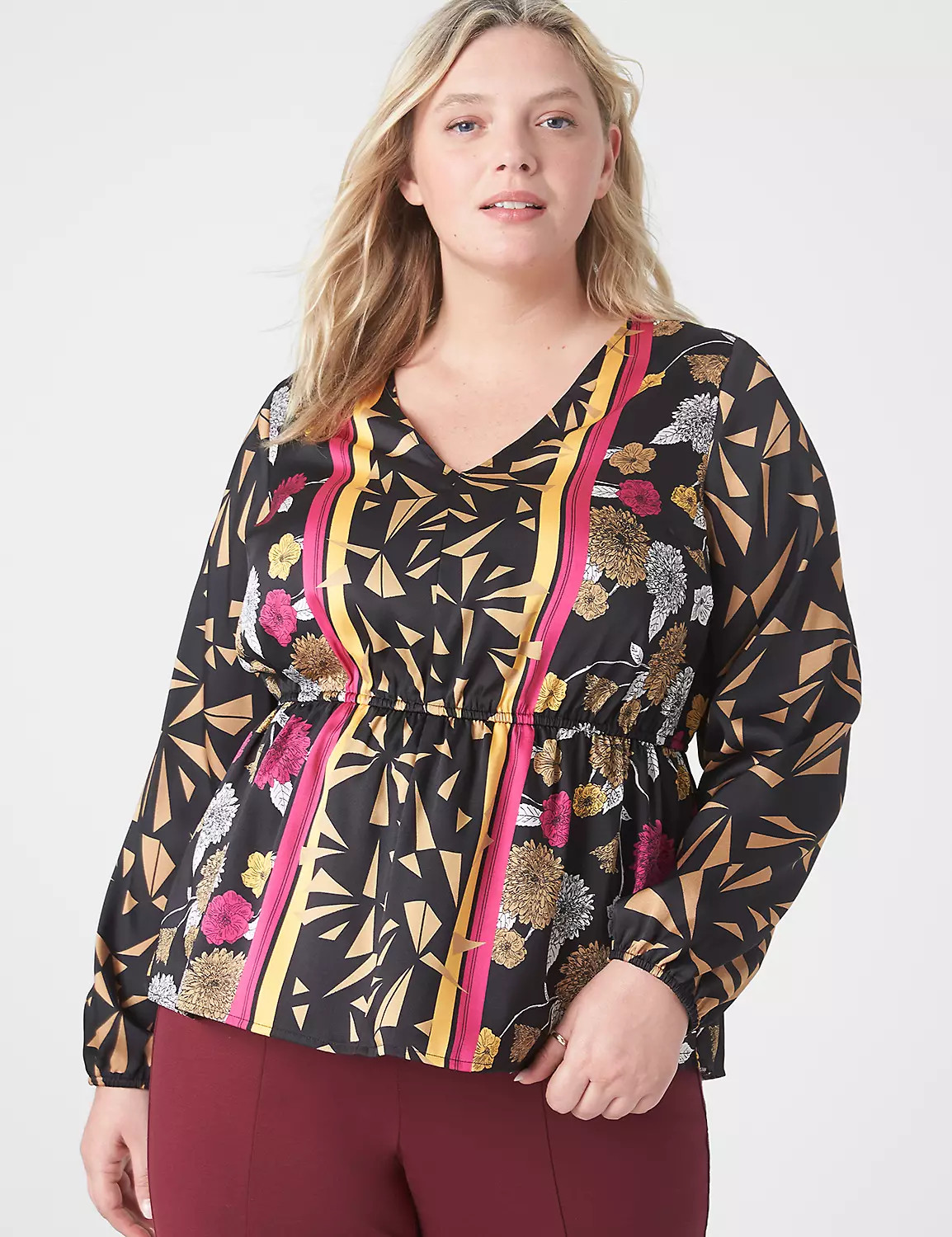 Classic Long-Sleeve V-Neck Peplum Blouse | Lane Bryant (US)