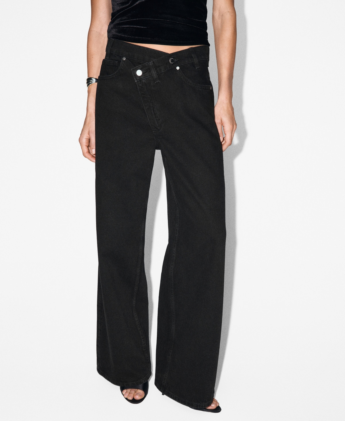 Mango Women's Crossover Waistband Wide-Leg Mid-Rise Jeans - Black denim | Macy's