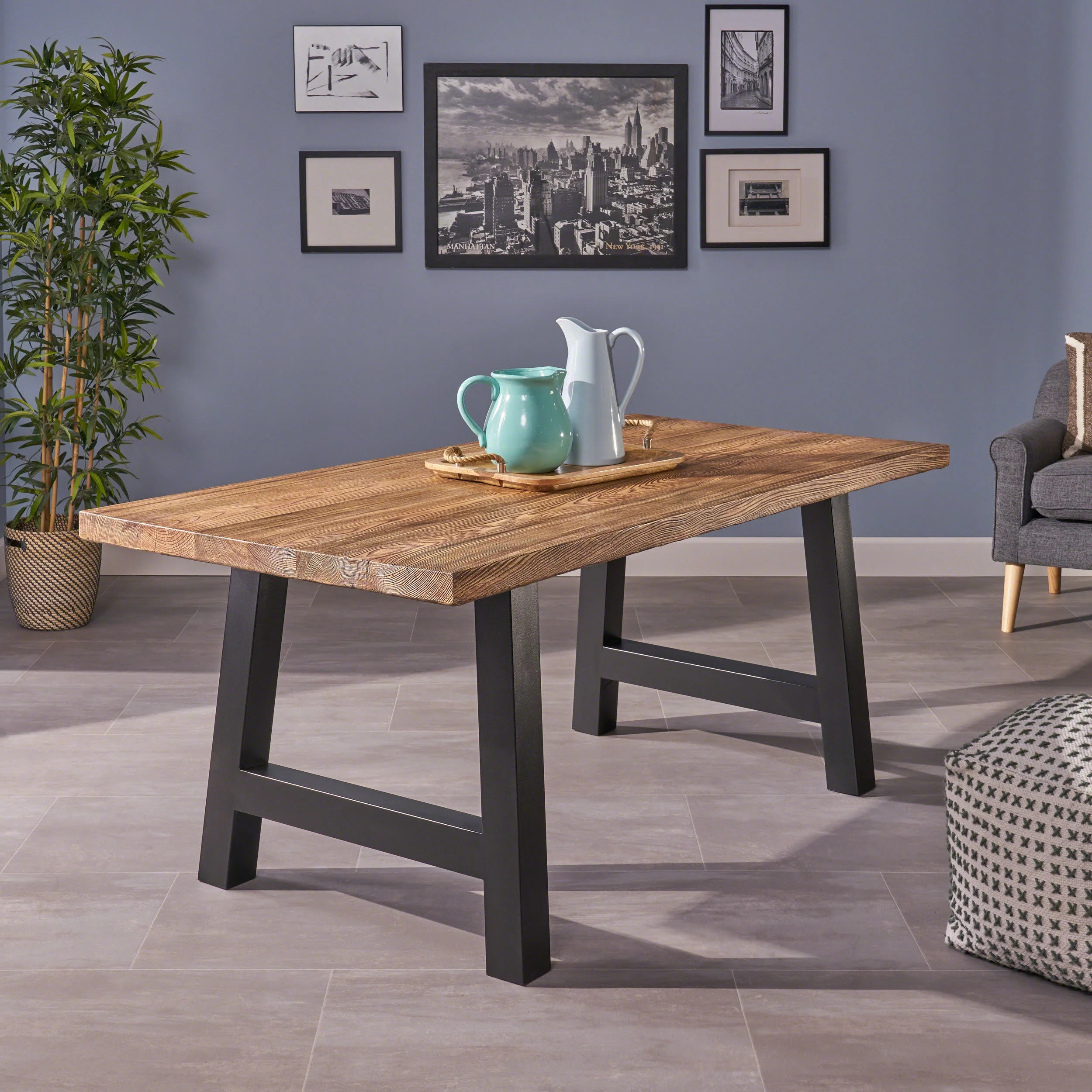 Noble House Paityn Indoor Light Weight Concrete Dining Table, Natural Oak Finish, Black - Walmart... | Walmart (US)