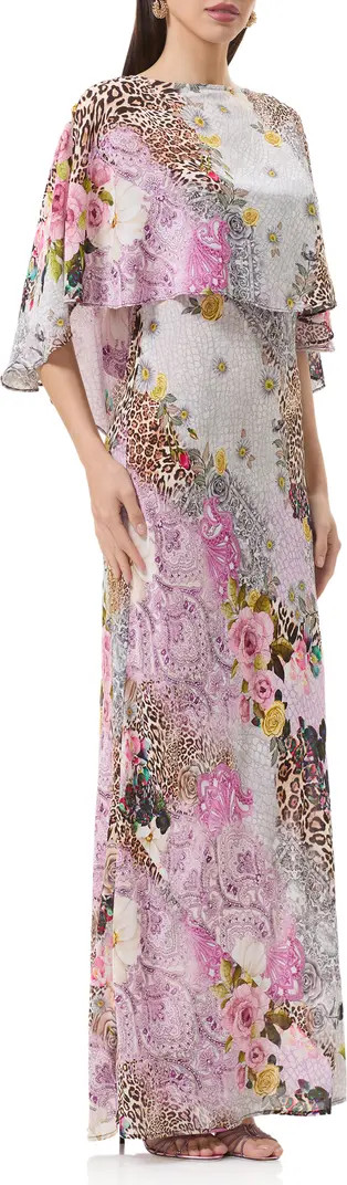 Izel Mix Print Maxi Slip Dress with Removable Cape | Nordstrom