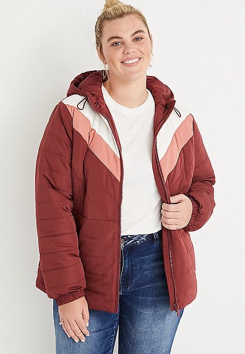 Plus Size Red Chevron Hooded Puffer Jacket | Maurices