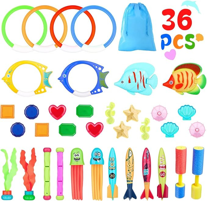 36 Pcs Pool Toys for Kids Ages 3-12, Pool Diving Toys Sets with Torpedoes, Seaweed, Diamonds, Div... | Amazon (US)