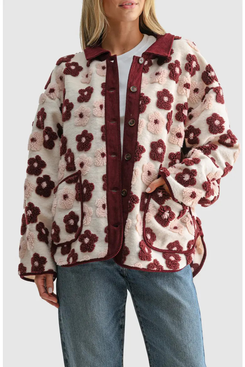 All in Favor Floral High Pile Fleece Jacket in Black White at Nordstrom, Size Large | Nordstrom