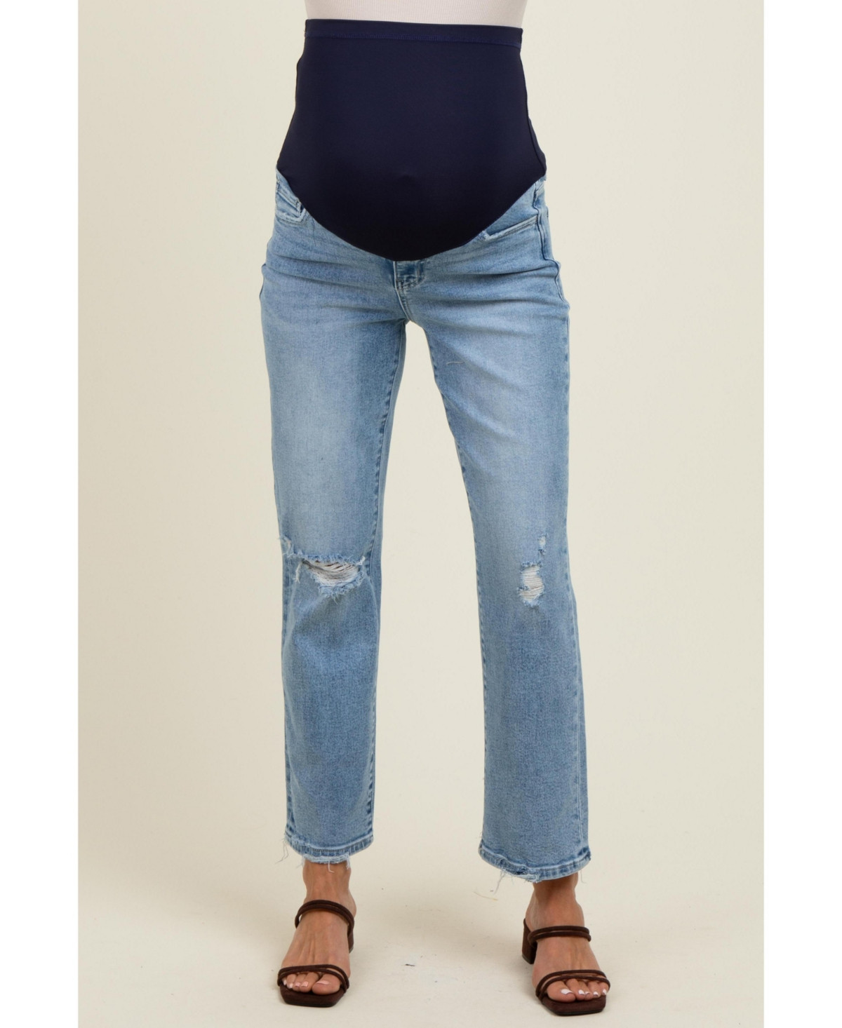 Pinkblush Light Blue Distressed Open Knee Ankle Straight Leg Maternity Jeans - Light blue | Macy's