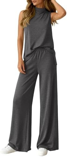BTFBM Summer 2 Piece Lounge Sets For Women Sleeveless Mock Neck Top Wide Leg Pants Airport Travel... | Amazon (US)