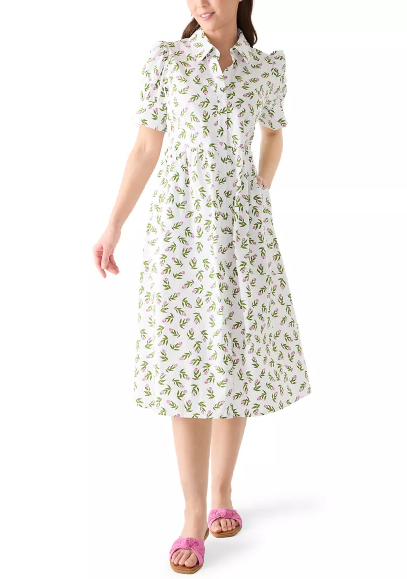 Petite Short Sleeve Button Down Front Collar Printed Dress | Belk