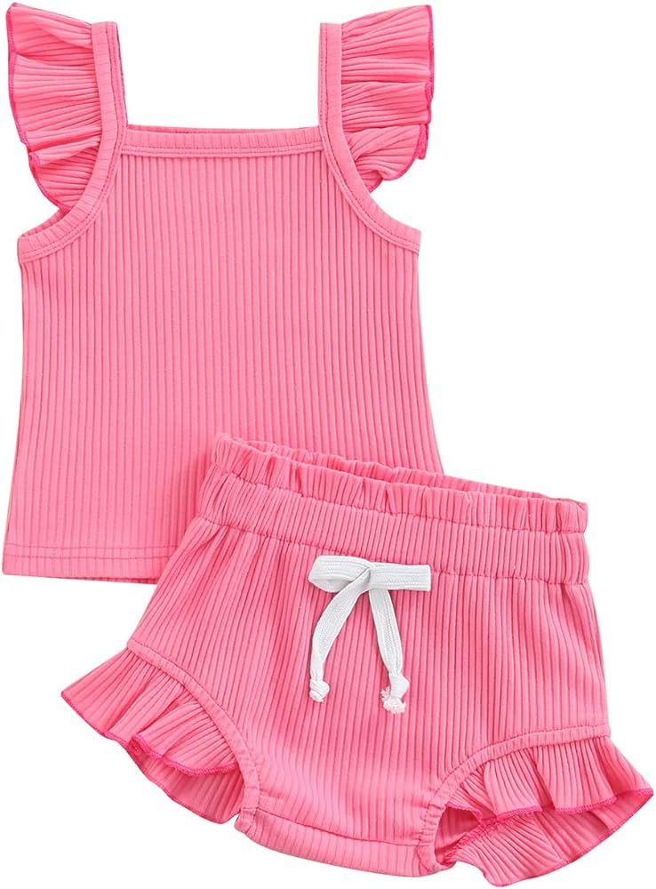 Baby Girl Clothes Newborn Summer Knitted Cotton Outfits Ruffle Sleeve Tops & Shorts Sets Infant 3 6  | Amazon (US)