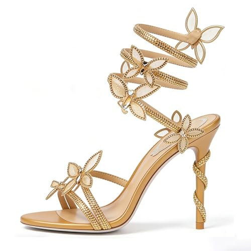 Women's Rhinestone Sandals, Butterfly Flower Spiral Ankle Wrap Heels - Sexy Sparkly Stiletto Sandals, Open Round Toe High Heel for Wedding Party Evening (Gold,8.5) | Amazon (US)