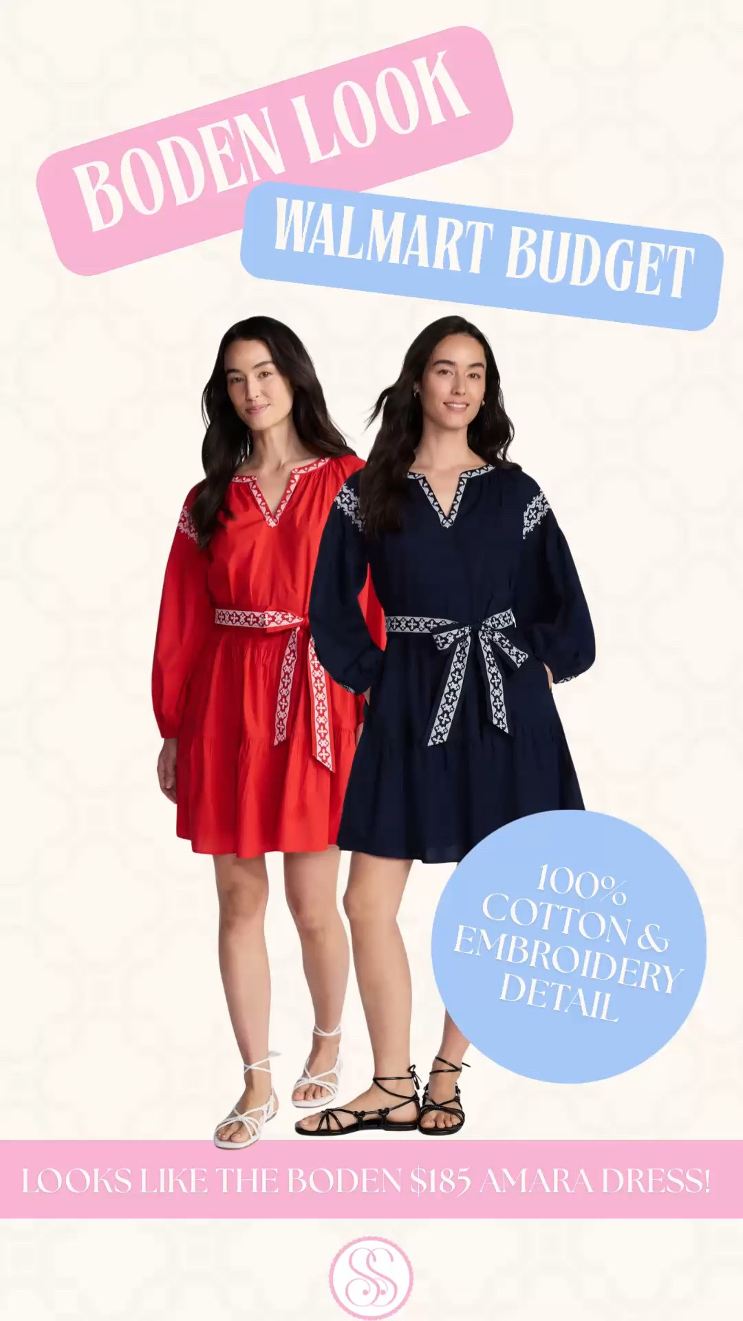 Boden Amara dress look for less, Walmart dress, Time and Tru dress, embroidered mini dress, cotton mini dress, preppy dress women, summer dress women, vacation dress women, red dress, navy dress, designer look for less

Walmart just dropped the prettiest Boden-inspired mini dresses, and yes, they are 100% cotton.

These remind me so much of the Boden Amara Dress if it came in a shorter, easier mini length. The contrast embroidery, split neckline, self-tie belt, long sleeves, ruffle hem, and polished little shape all give that colorful British-preppy, vacation-ready, “why does this look so expensive?” energy.

Available right now in red and navy, and both are good. Red feels bold, cheerful, and perfect for summer parties, Fourth of July outfits, vacation dinners, and sunny weekend plans. Navy feels classic, coastal, and a little more understated for everyday preppy style, resort outfits, teacher outfits, casual work outfits, church, brunch, and travel days.

The 100% cotton is the selling point for me. Lightweight, breathable, machine washable, and the kind of fabric that instantly makes a budget dress feel more worth grabbing.

Details:
✨ 100% cotton mini dress
✨ contrast embroidered detail
✨ split neckline
✨ self-tie waist
✨ long sleeves with elastic cuffs
✨ ruffle hem
✨ pockets
✨ red and navy available

This is exactly the kind of Walmart new arrival that does not sit long: designer-looking, cotton, embroidered, easy to wear, and under the radar for about five minutes.

Boden Amara look for less, Boden inspired dress, Walmart new arrivals, Walmart fashion finds, Time and Tru dress, embroidered cotton dress, preppy mini dress, summer mini dress, vacation dress, coastal style dress, Fourth of July dress, red mini dress, navy mini dress, affordable preppy style, designer look for less

#LTKFindsUnder50 #WalmartFinds #WalmartStyle #PreppyStyle #LookForLess #SummerDress #VacationOutfit #Boden #BodenStyle

#LTKWorkwear #LTKPetite #LTKWedding