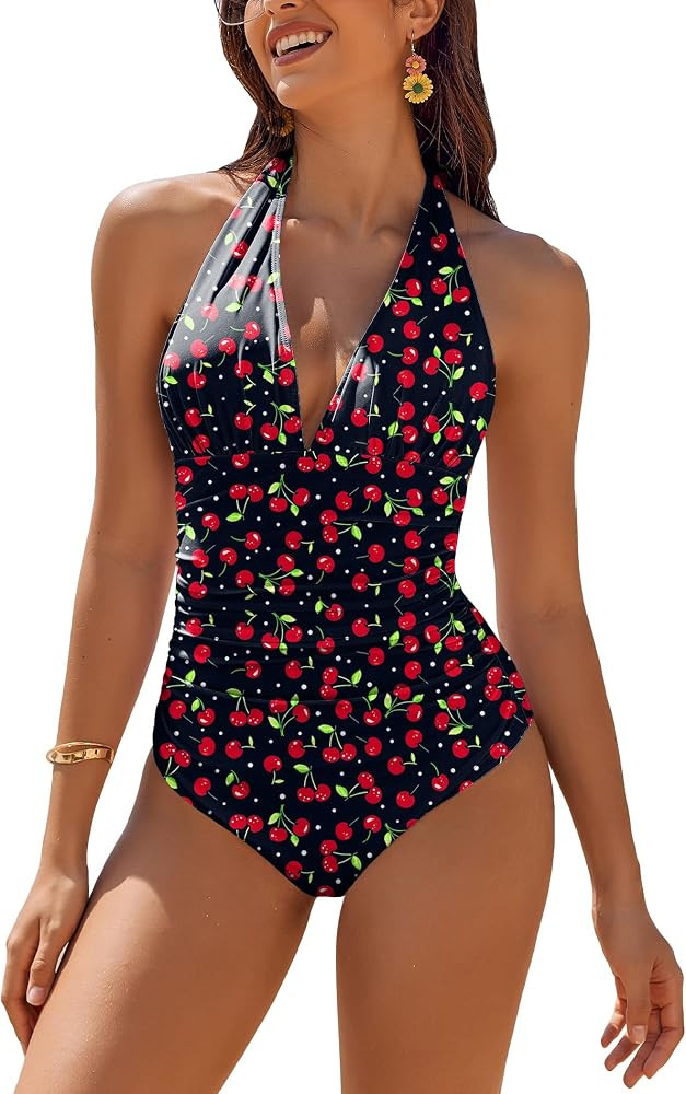 AI'MAGE Women's One Piece Swimsuit Tummy Control Halter Ruched Bathing Suits | Amazon (US)