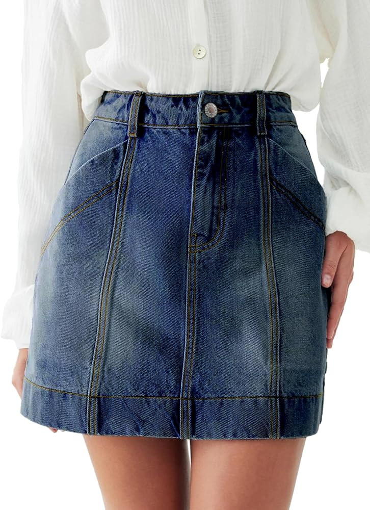 Sidefeel Women's Jean Skirt High Waisted Stretch Casual Trendy Front Seam Mini Denim Skirt with P... | Amazon (US)