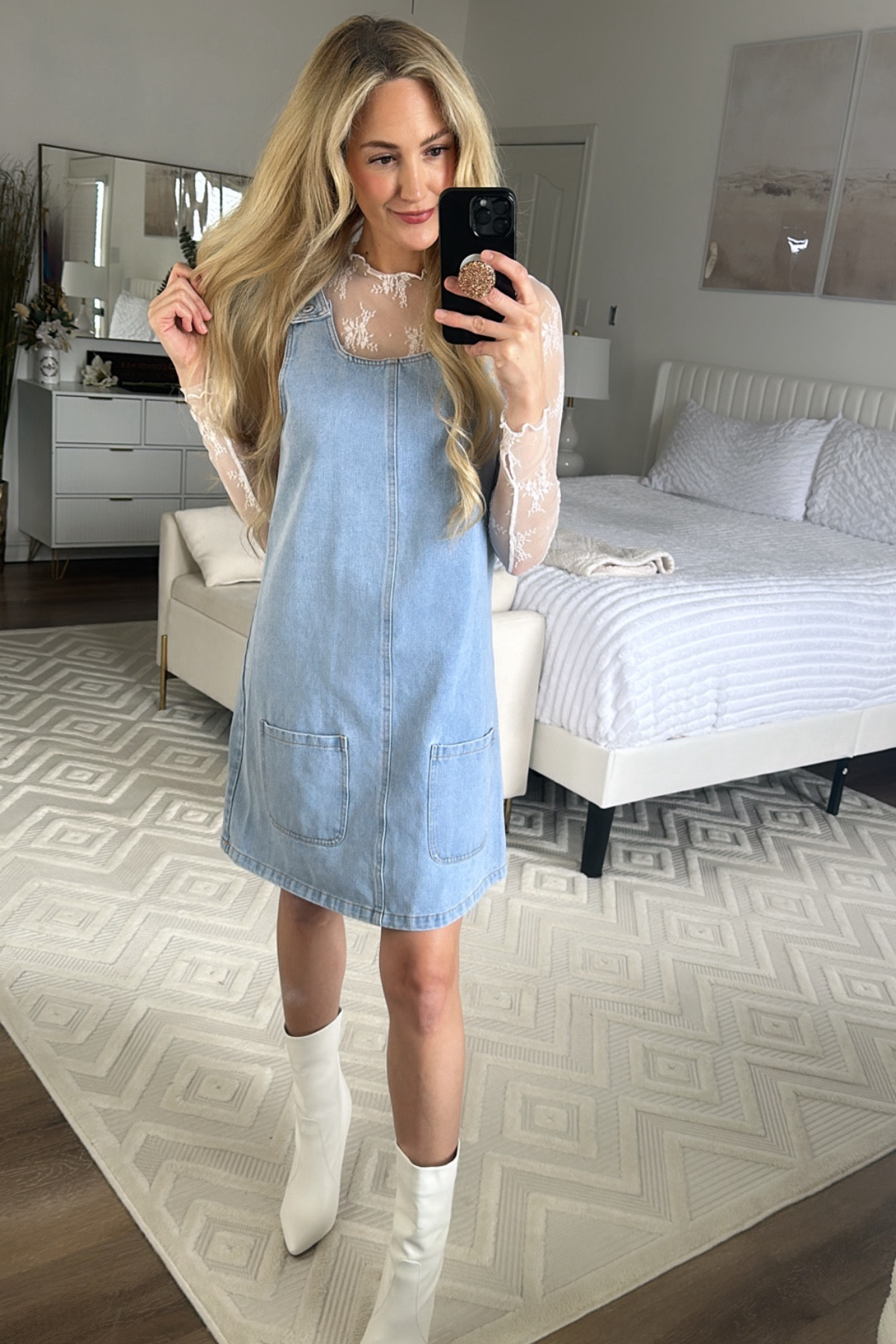 Denim Overall Dress, mock neck lace top, and white boots 🤍 Dress is on sale with a 20% off code right now 💯 Several different colors available ! 

#LTKHoliday #LTKFindsUnder50 #LTKSaleAlert