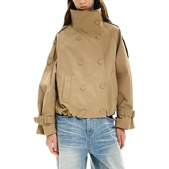 Womens Cropped Trench Coat Funnel Neck Double Breasted Pleated Hem Trendy Fall Outfits Spring Jac... | Amazon (US)