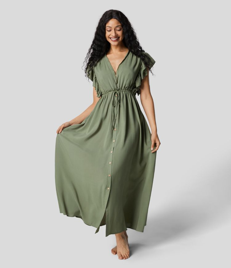 Deep V Neck Butterfly Sleeve Backless Drawstring Button Side Pocket Flowy Maxi Casual Dress | HALARA