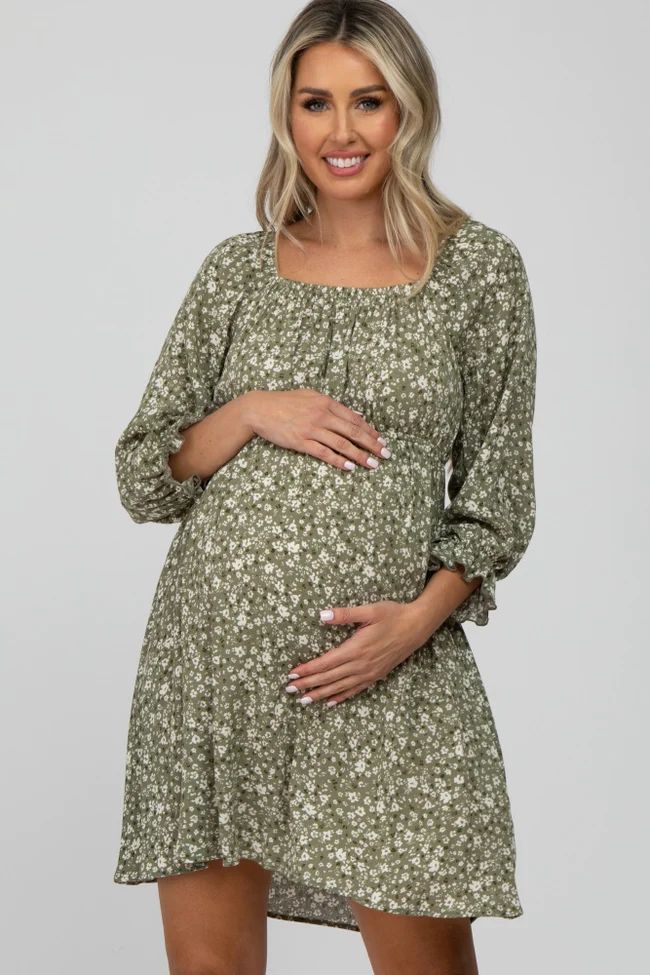 Olive Floral 3/4 Sleeve Maternity Dress | PinkBlush Maternity