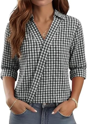 LOMON 3/4 Length Sleeve Womens Tops Dressy V Neck Collared Shirts Trendy Business Casual Work Blo... | Amazon (US)