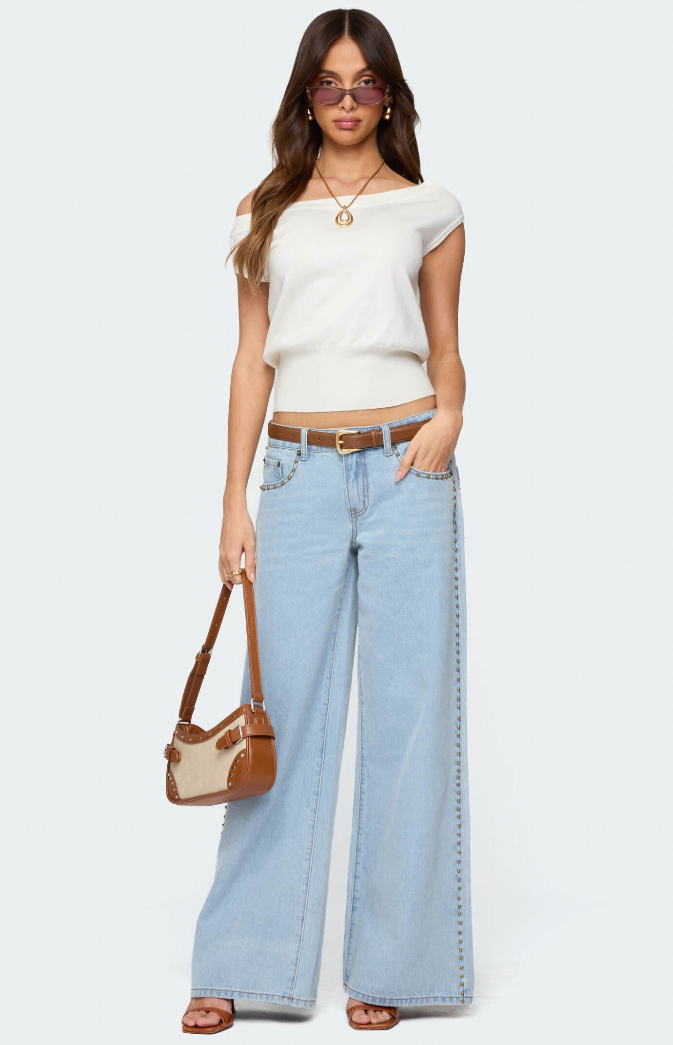 Edikted Women's Stassie Studded Low Rise Jeans in Light Blue - Size Large | PacSun
