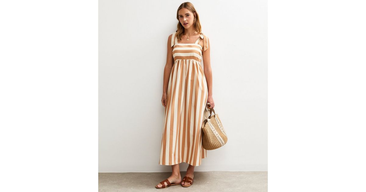 Brown Striped Tie Strap Midi Dress | New Look | New Look (UK)