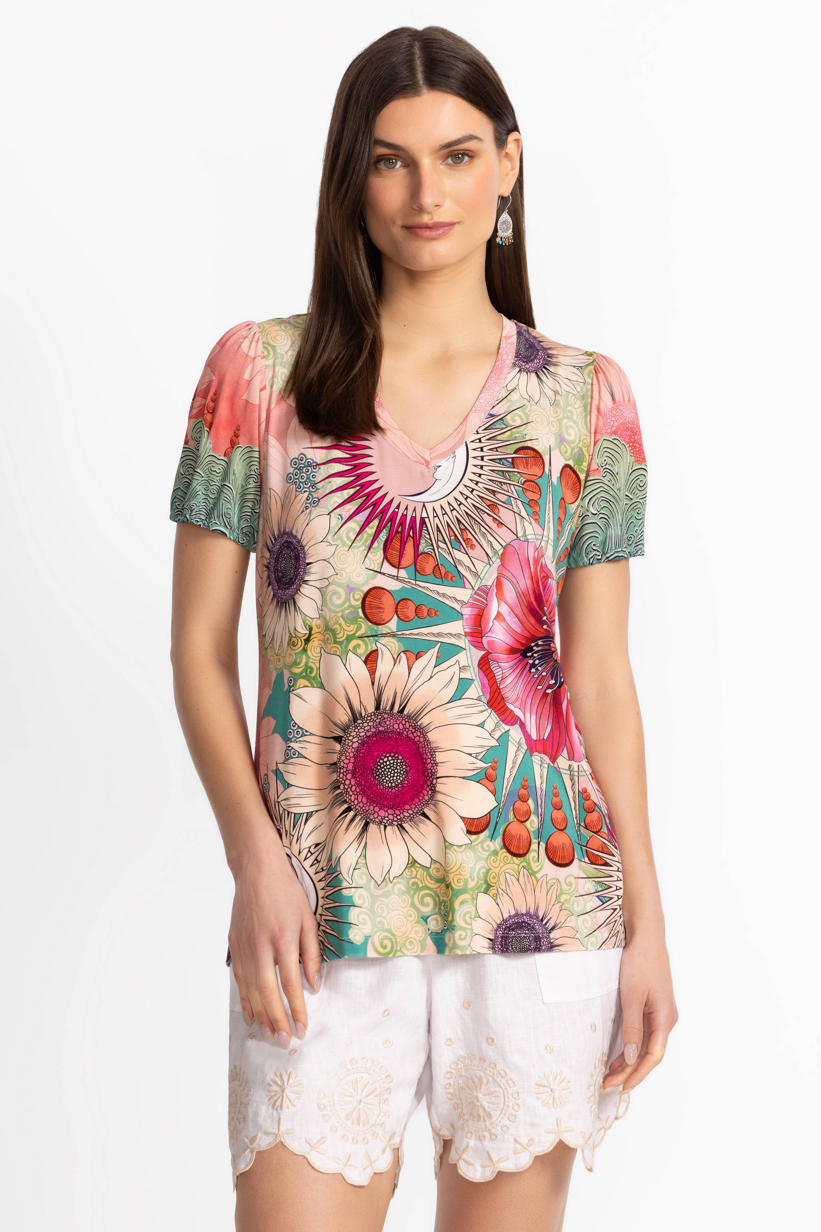 THE JANIE FAVORITE V-NECK PUFF SLEEVE TEE | Johnny Was | Johnny Was