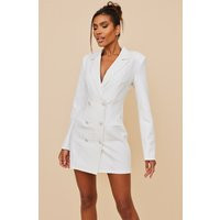 White Woven Double Breasted Diamante Button Blazer Dress | PrettyLittleThing US