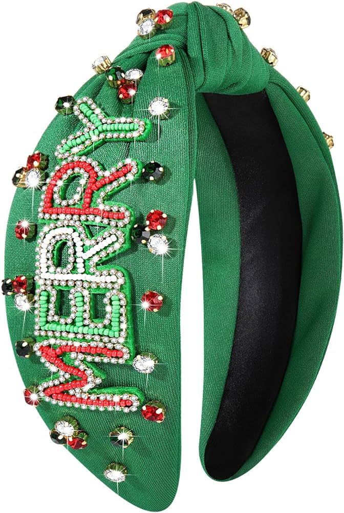 NVENF Christmas Headband for Women Jeweled Xmas Plaid Headband Embellished Crystal Pearl Knotted ... | Amazon (US)