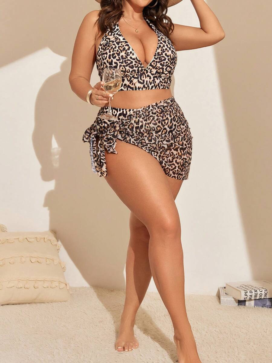 SHEIN Swim Curve Summer Beach 3pcs/Set Plus Size Leopard Print Separated Halter Bikini Swimsuit | SHEIN