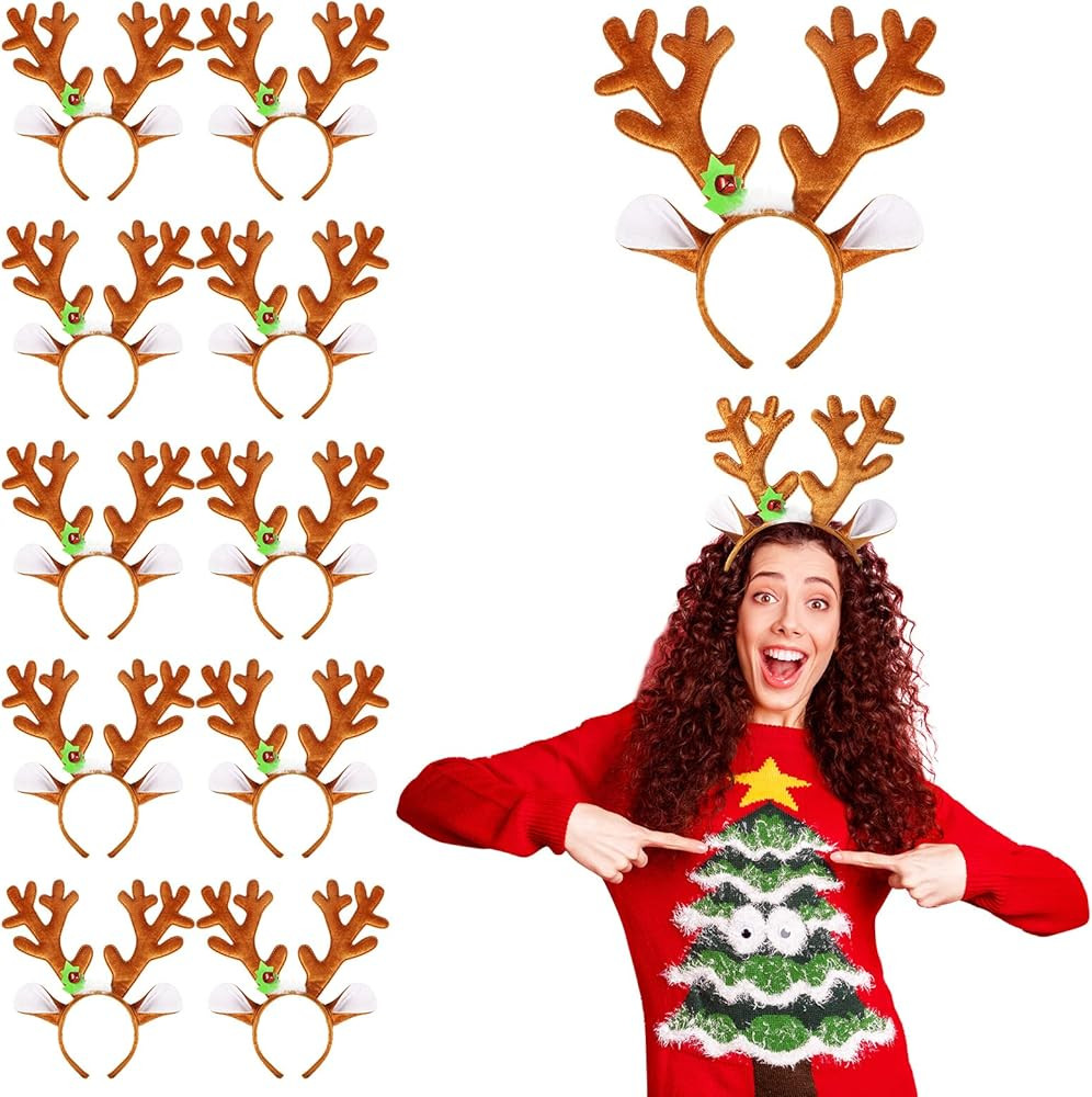 12 Pcs Christmas Reindeer Antlers Headbands Dear Ears Headband with Bells for Women Cute Xmas Par... | Amazon (US)