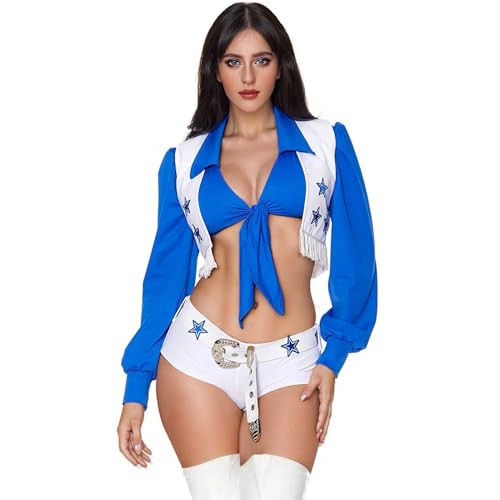 Aspfoaw Dallas Cowboy Cheerleader Costume Adult Women Star Sexy Cheerleader Outfits Halloween Costume (Blue, X-Small) | Amazon (US)
