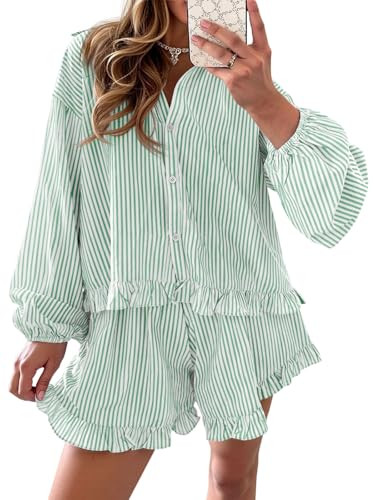 Fisoew Womens Stripe 2 Piece Lounge Sets Button Down Ruffle Shirts Shorts Sets Casual Oversized Pajama Sets Loungewear | Amazon (US)