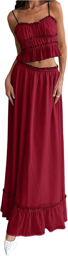 SOLY HUX Women's 2 Piece Contrast Trim Ruffle Hem Cami Maxi Skirt Set | Amazon (US)