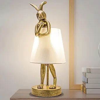 Bunny Table Lamp, Resin Rabbit Desk Light, Animal Lamps with Linen Shade, Vintage Antique Gold Ma... | Amazon (US)