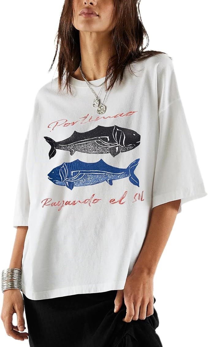 Oversized Graphic Shirt for Teens Girl Y2K Ocean Floral Short Sleeve Baggy Tee Shirts Vintage Aes... | Amazon (US)