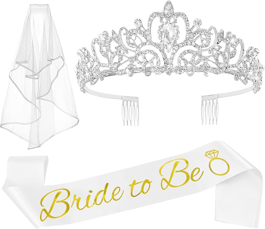 JETKONG 3 Pcs Bachelorette Party Decorations Bridal Shower Crown, Bride to Be Sash&Veil for Women... | Amazon (US)