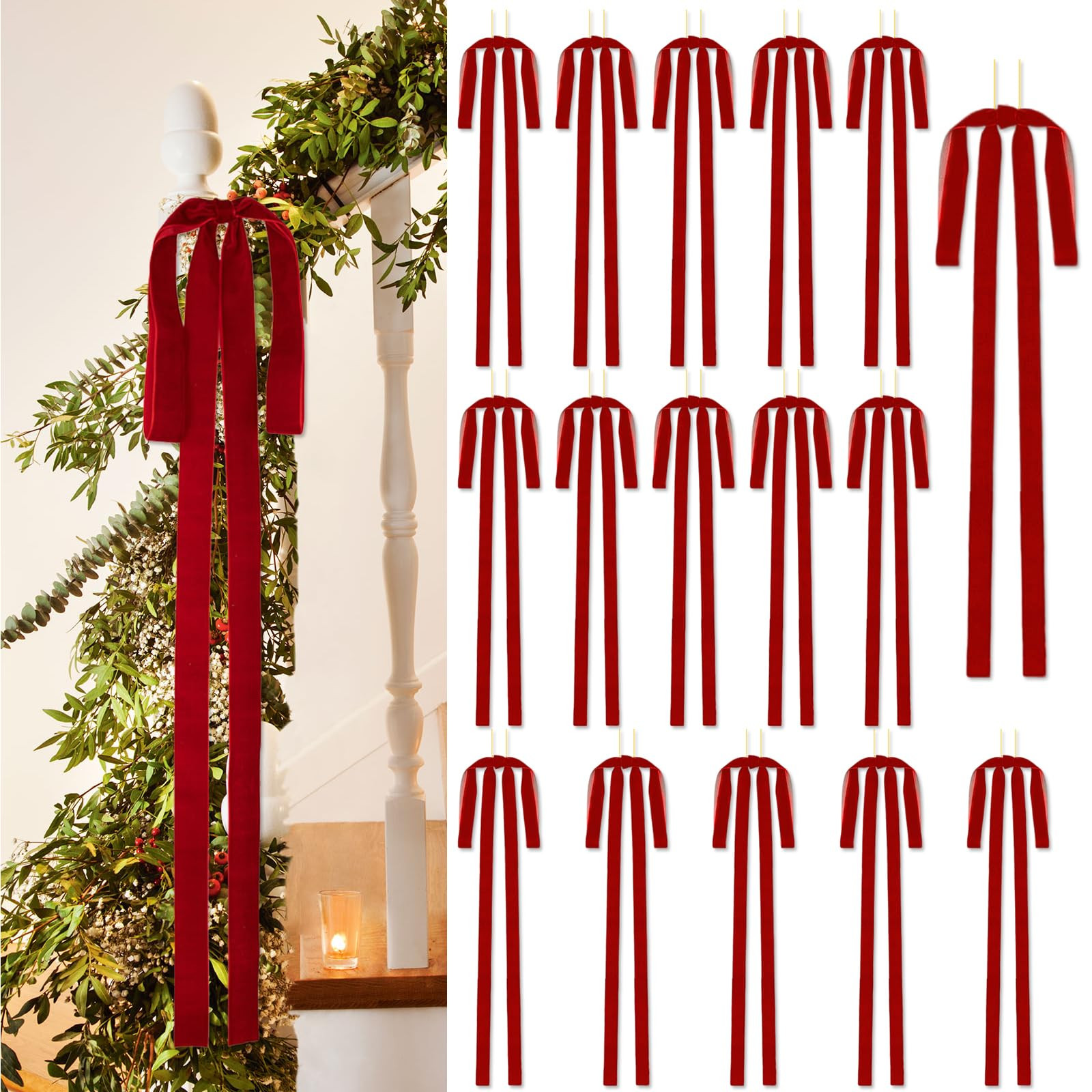 16 PCS Velvet Bows for Christmas Tree, 23.6 x 11.8" Long Vintage Christmas Bows for Wreaths, Red Christmas Ornaments Easy to Attach, Reusable Xmas Tree Decor for Swag Garland Staircase Topper-Red | Amazon (US)