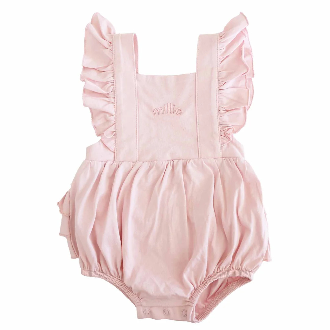 Embroidered Cross Back Ruffle Bubble Romper | Caden Lane