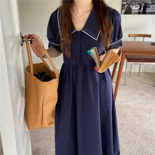 Auboi - Short-Sleeve Collar Plain Contrast Trim Midi A-Line Dress | YesStyle Global