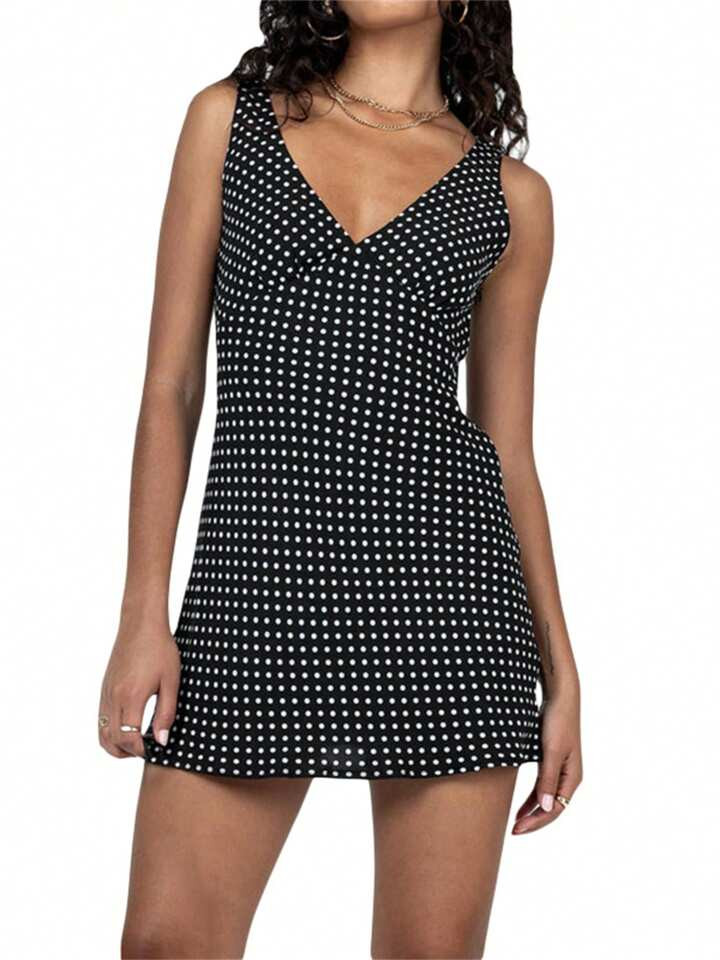 Women Summer Casual Mini Dresses Sleeveless V Neck Dot Print Club Party Dress High Waist Drawstri... | SHEIN