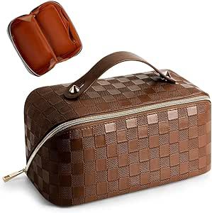 Large Capacity Travel Cosmetic Bag Plaid Checkered Makeup Bag Portable Leather Waterproof Skincar... | Amazon (US)