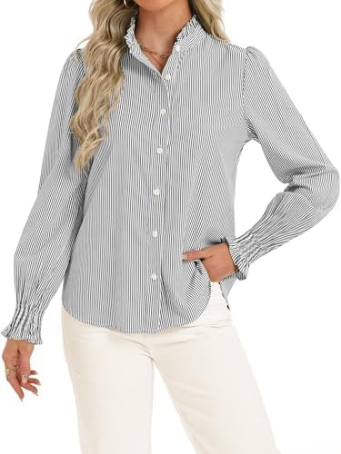 Funlingo Women's Striped Button Down Shirts Long Sleeve Smocked Cuffed Ruffle Collar Blouses Spri... | Amazon (US)
