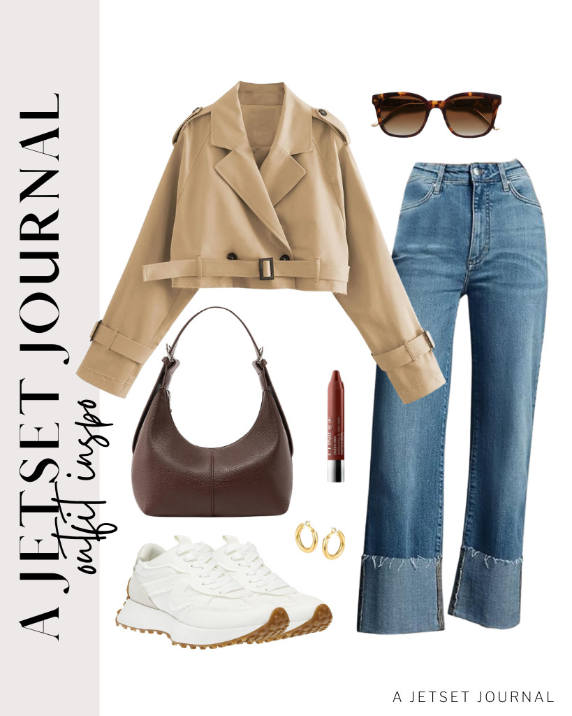 For this cropped trench coat, you can pair it with these straight-leg jeans from KUNMI and Steve Madden Campo sneakers. This look is perfect with a pair of chunky hoop earrings from sovesi and Clinique Chubby Stick Moisturizing Lip Color Balm. 

 #LTKSeasonal #LTKSaleAlert #LTKTravel