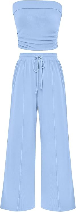 PRETTYGARDEN Womens Summer Outfits 2 Piece Sets Casual Ribbed Knit Crop Tube Top Wide Leg Pants S... | Amazon (US)