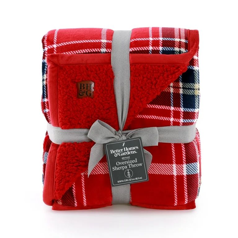 Better Homes & Gardens Red Plaid Velvet Plush Sherpa Throw Blanket, Oversized | Walmart (US)