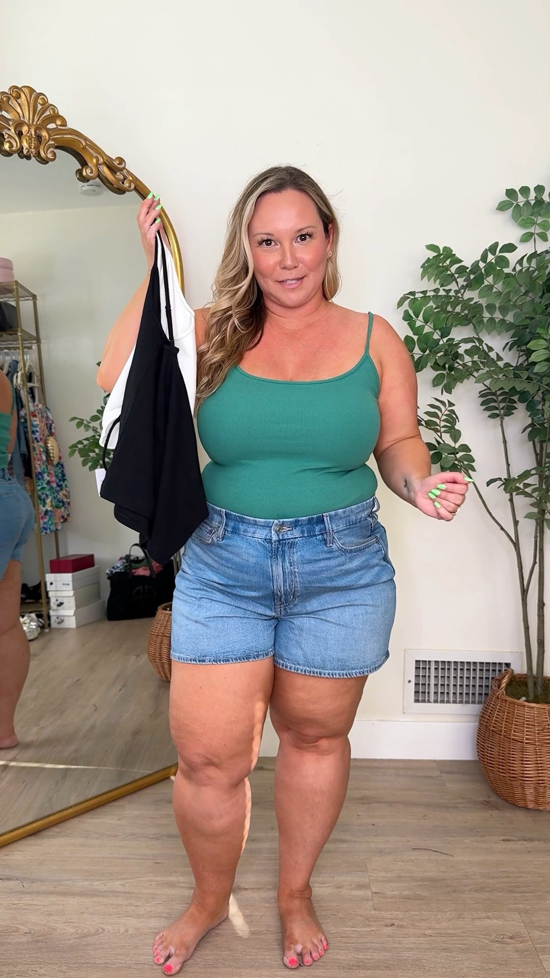 @American Eagle Outfitters layering cami tanks 
Love these worn alone or under jackets and sweaters! Super stretchy and comfy and they snatch! I do a size LARGE 
Jean shorts size 16- I size up 1-2 sizes in denim shorts! 

Spring styles, denim shorts, Spring outfit, midsize style, mom style, casual outfit, everyday style


#LTKPetite #LTKootd #LTKMidsize