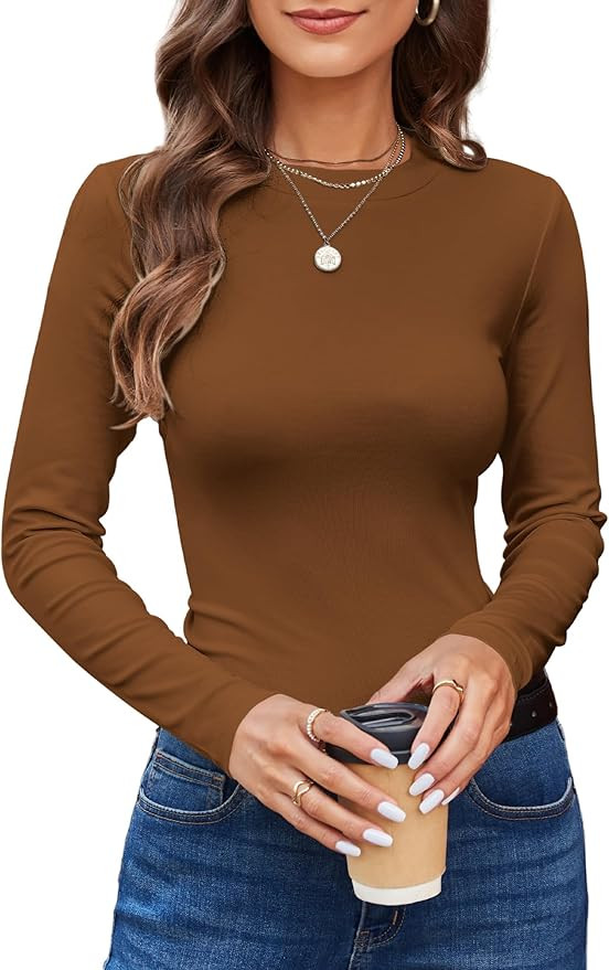 Amoretu Women's Long Sleeve Basic Shirts Fall Casual Crewneck Slim Fit Tops Tees | Amazon (US)