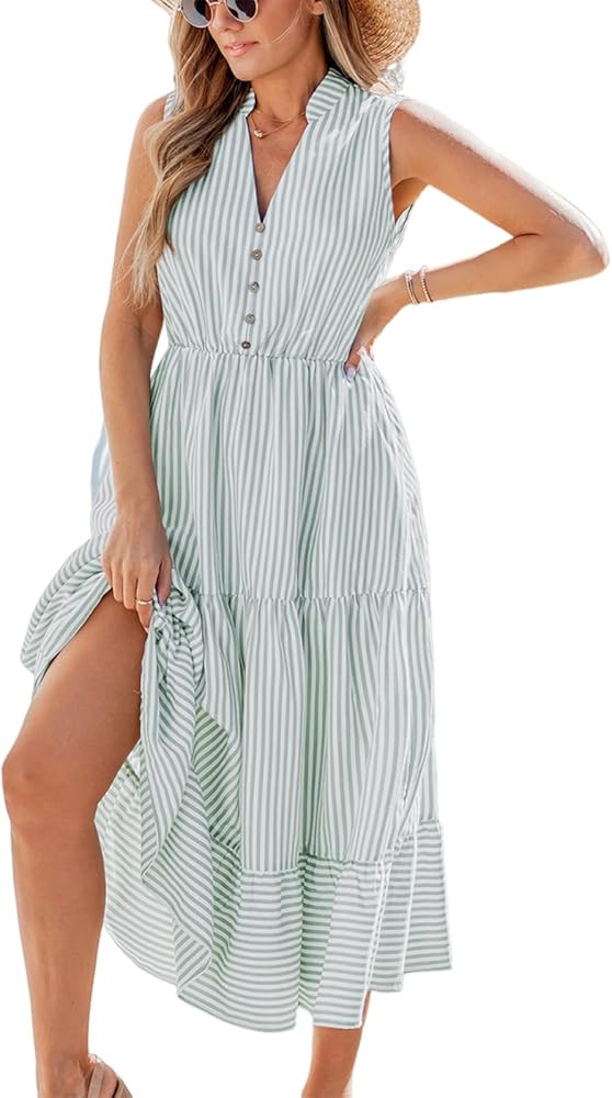 CUPSHE Women Ruffle Summer Dress 2025 Stripe V Neck Front Button Casual Sundress Holiday Vacation... | Amazon (US)