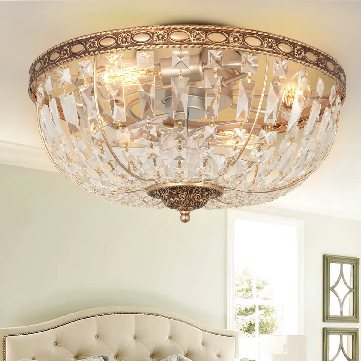 20'' Crystal Caged Ceiling Fan with Light Kit and Remote Control, Low Profile Flush Mount for Bed... | Wayfair North America