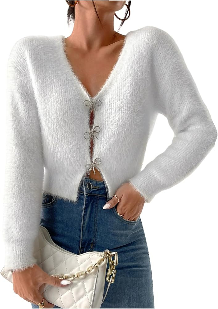 Verdusa Women's Fuzzy Cut Out Cardigan Going Out Rhinestone Bow V Neck Cropped Sweaters | Amazon (US)